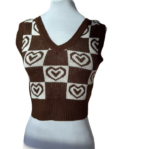 No Comment Sweater Vest‎ Womens Juniors M Brown White Checkered Hearts Academia - Picture 2 of 8
